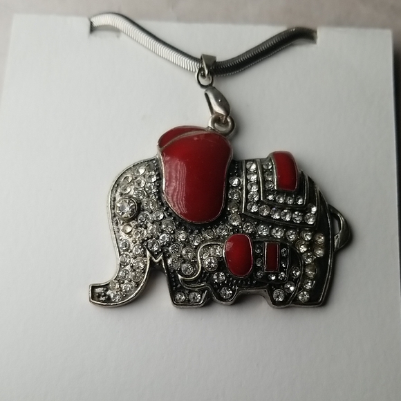 Red Enamel And Rhinestone Elephant Pendant - Picture 1 of 6